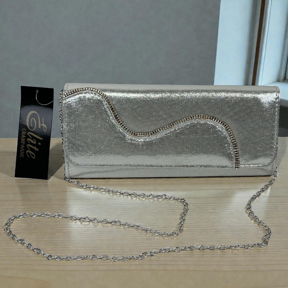 NWT Elite Champagne Clutch Purse Womens One Size Silver Glitter Rhinestone Chain